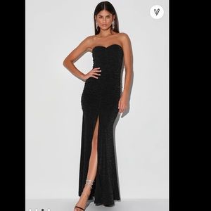 When Magic Happens Black Glitter Ruched Strapless Maxi Dress Small